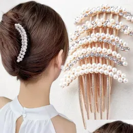 Hårklämmor Barrettes Elegant Pearl Combs Hairpin Women Luxury Crystal Bun Decor Bridal Claw Jewelry Accessories Drop Delivery Hairjewe OT725