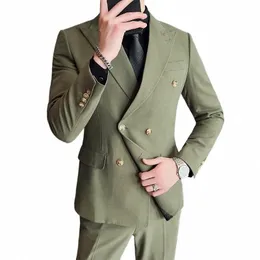 jackets+pants+vest High-quality Men's Double Breasted Elegant Fi Suits 3 Pcs Set Olive green Casual Wedding Social Tuxedo 72T1#