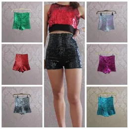 Women's Shorts Lady High Waist Full Sequins Shiny Glitter Dance Pants Stretch Silver