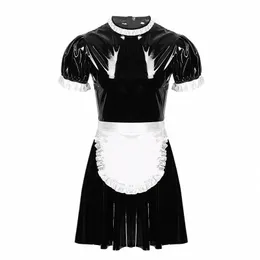 Homens Sissy Maid Trajje Cjunto molhado olhar patentu vestido queimado com avental Maid minforme Masculino Clube Plack Paid Trajes a0eu##