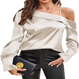 ZAFUL Women's Satin-Silk-Tops 2024 Off The Shoulder Dressy Blouse for Party Casual Long-Sleeve Elegant Shirt