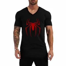 красный Spider Printed Basic Cott Мужские футболки с коротким рукавом с v-образным вырезом Летние повседневные дышащие топы Футболки Slim Fit Спортивные футболки o3PH #