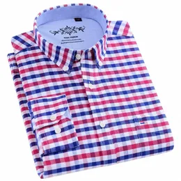 Camicie a quadri scozzesi a righe Oxford a vestibilità regolare casual da lavoro da uomo Tasca singola con maniche lunghe Camicia a righe a quadretti spessi 069k #