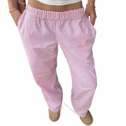 نساء سراويل مخططة أنيقة مع جيوب خصر مرنة عريضة الساق عريضة عتيقة Sweatpant 2000s Retro Streetwear A8ZX#