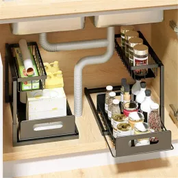 Scaffali da cucina in metallo e ferro, scaffale da scrivania, organizer impilabile, a 2 livelli, sotto il lavello, semplice scatola di immagazzinaggio regolabile con cassetto scorrevole