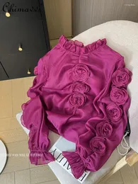 Camicette da donna Primavera Stile francese Fiore 3D Cimosa filante Colletto alla coreana Camicia a maniche lunghe Top Temperamento allentato Blusas Mujer