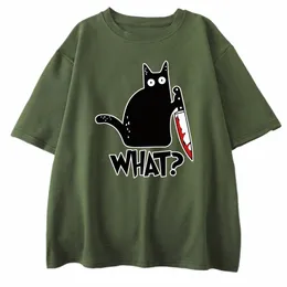 killer Black Cat What Surprised Print Men's Cott T-Shirt Creativity Funny Tops Oversize All-math Vintage Short Sleeve Man Tops B588#