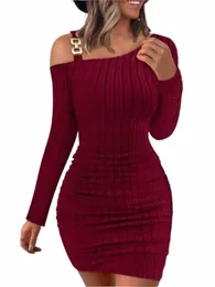 sexy Chain Off Shoulder Mini Dr Women Autumn Fi Bodyc Lg Sleeve Dres For Women Winter Skinny Knitted Vestidaos K32E#