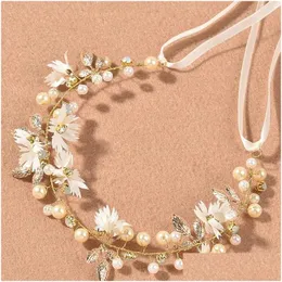 Hårklämmor Barrettes Pearl Flower Hairpin Side Comb Golden Leaf Formed Alloy Tiaras Bride Insert smycken Huvudkläder Drop Delivery Hairje Otvj3