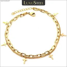 Anklets Luxustael Bohemian Cross Ankle Womens rostfritt stål Dubbelskiktskedjeben 2022 Nya sommarstrandfotstillbehör MUJERL2403