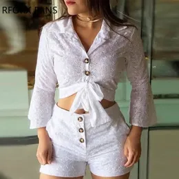 Mulheres Broderie Lace Buttondown Blusa Shorts Define Casual 240328