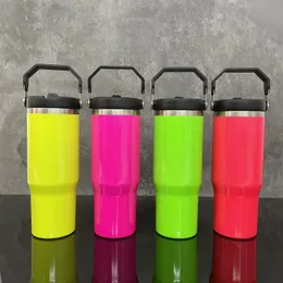 USA Warehouse 30oz Neon Color Vacuum Isolated Glossy SubliMation Tumblers Outdoor Vacation Travel Mugs Water Bottle Thermos med bärbart handtag och bläddrad halm