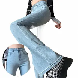 Retro Blue Elastic Jeans Mulheres Cintura Alta Show Flare Calças Nova Chegada Desnim Perna Larga Slim Fit U6Gy #