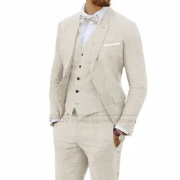 Beige Leinenanzüge für Männer, 3-teilig, lässig, schmal geschnitten, Anzug, Blazer, Weste, Hosen, formeller Abschlussball, Hochzeit, Smoking für Trauzeugen, Trauzeuge 06YZ#