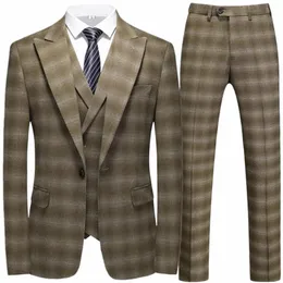 2023 fi New Men Leisure Boutique Busin Plaid Striped Suit Best Pants 3 PCSセットカジュアルDRブレイザージャケットコートトローズN9NA＃