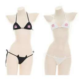 sexy Womens Summer Cat Paw Embroidered Mini Bikini Cute Kawaii Anime Cosplay Lingerie Set Self Tie Bra Top with Briefs Drop Ship d8Pq#