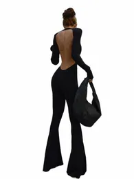 Cutenew Solid Black Sexy Backl Body wide 다리 점프 슈트 여성 가을 ​​캐주얼 슬림 LG 슬리브 O- 넥 놀이 수트 레이디 스트리트웨어 F3EU#