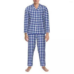 Casa roupas houndstooth impressão conjunto de pijama clássico azul branco kawaii pijamas masculino manga longa vintage sono 2 peças terno plus size 2xl