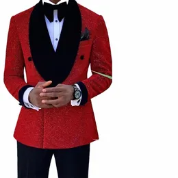 Glitter Red paljetter Mens Suits Groom Wedding Tuxedo Double Breasted Blazer Formell Busin Prom Dr 2 Pieces Traje de Hombre F6GX#