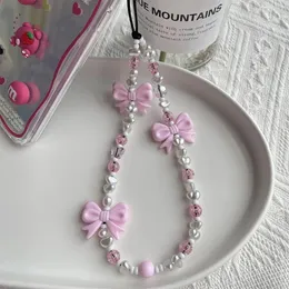 Korean Fashion Pink Bowknot Phone Charm Imitation Pearl Beaded Chain for Phone Case Cute Mobile Straps Y2K Accessories Wholesale 240321