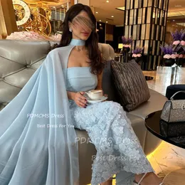 Parti Elbiseleri Zarif Mavi Şifon Deniz Kızı Akşam Ceket 3D Çiçekler Uygulamalar Straplez Arapça Resmi Fırsat Balo Önlükleri