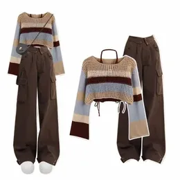 2023 Frühling Herbst Pullover Halter Sling Cargo Hosen 1 oder 3 Stück Set Frauen Casaul Multi Streifen Stricken Tops Weste hosen Outfits l0bZ #