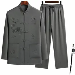 Männer Top Hosen Set Männer Weiche Hemd Hosen Set Chinesischen Tang-anzug männer Hemd Hosen Set mit Stehkragen einreiher Design a8Ha #