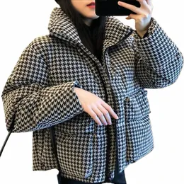 houndstooth Short down cott Women Vintage Elegant Padded Thick Warm Coat Lg Sleeve Fi Zipper Big Pockets Female Outwear R8go#
