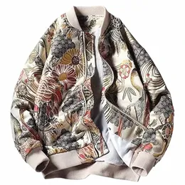 Estilo japonês Mens Floral Crane Bordado Bomber Jacket Stand Collar Men Streetwear College Baseball Jackets Autumn Coat U0zU #