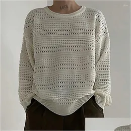 Mens Sweaters Streetwear Fashion Men Solid Color Hollow Out Long-Sleeved Jumpers Knitwear Spring Vintage Ribbed Crew Neck Tops Drop De Dhlog