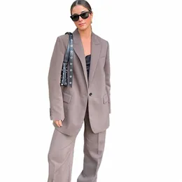 Trafza Donna Fi 2023 Autunno Marrone Office Lady Donna Abiti allentati con scollo a V Blazer + Vita alta Lg Pantaloni gamba Vintage Donna Set h8St #