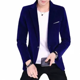 M-5XL Ny guld Veet Men's Blazer Korean Fi Casual Slim Suit Jacket Dr Stage Performance Solid Color Blue Costume Homme M1ky#