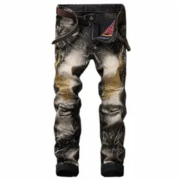 Männer Denim Jeans Loch Ruine Europäische und amerikanische Persalität Stickerei Hohl Denim Hosen Cott Streetwear Jeans A5yz #