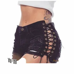Rosetyczne gotyckie dżinsowe spodenki bandaż czarna dziura seksowna gorąca fi lato szczupłe dżinsy krótkie spodnie sznurowanie gotyckie szorty g4vh#