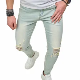 Vintage Azul Simples Buracos Sólidos Calças Jeans Skinny Homens Elegantes Rasgado Estiramento Masculino Cott Casual Calças Jeans S54C #