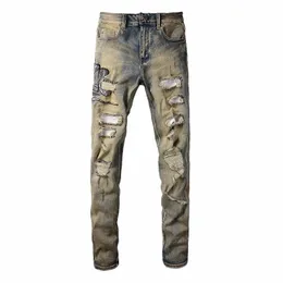 men Snake Embroidery Denim Jeans Vintage Blue Snakeskin Leather Patch Stretch Pants Skinny Tapered Trousers S8aF#