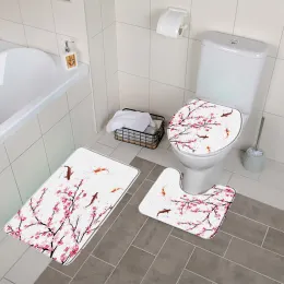 Mats Sakura Flower Koi Bath Mat Set Plant Leaves Anti Slip Bathroom Rugs and Mat Carpets Toilet Lid Cover Bathroom Accessories Sets