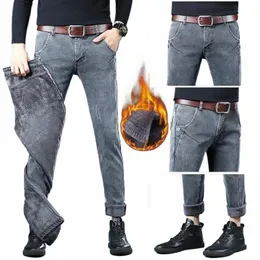 Mäns borstade jeans lyxiga vinter jeans veet fleece man termisk varm koreansk mångsidig elastisk plysch förtjockar smala blyertsbyxor z5w1#