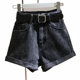 Casual hög midja denim shorts sommar ny solid färg lösa breda ben a-line heta byxor koreansk stil fi kvinnor kläder 72pg#