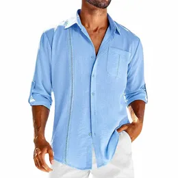 Mäns nya avslappnade skjortor Solid Pockets Breattable Shirt Elegant Fi Turn-Down Collar Single Breasted Male Topps Leisure Blue S6QY#