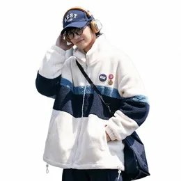 2023 New Winter Splicing Fleece Fluffy Jacket Warm Fuzzy Zipper Coat Uomo Autunno Hip Hop Colore solido Harajuku Giubbotti Streetwear E9Pz #