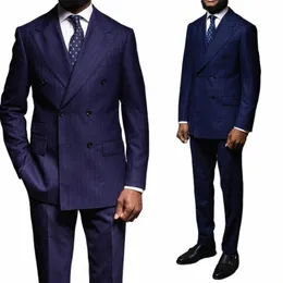 Yeni Pinstripe Erkekler Takım 2 Parçalı Blazer Ceket ve Pantolon Özel Yapımı Çift Kelürlü Busin Wear Düğün Damat Kostümü Homme R938#