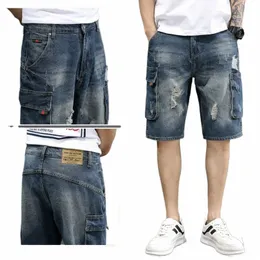 Summer Street Giyim Kargo Denim Şort Erkekler Fi Marka Retro Çok Cep Kısa Pantolon Sıradan Trend Erkekler Kısa Kot Maskulino Q5GB#