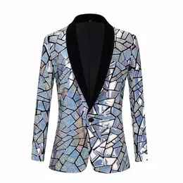 Mens Laser Luxury Sequin Blazer Jacket Shawl Lapel One Butt Shiny Wedding Party Suit Dinner Tuxedo Nightclub Host Male Z3pw#