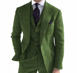 mens Busin 3 Pieces Suits Green Wool Retro Classic Herringbe Pattern Groom Tweed Tuxedos for Wedding Blazer+Pants+Vest e7Tf#