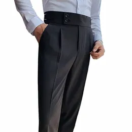 busin Tie Pleated Suit Pants The Trend Fi High Waist Casual Slim Fit Vintage Pencil Trousers For Male Office Naples Pant 75fC#