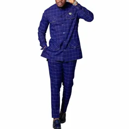 kaftan Men's Outfits Single Breasted Printed Striped Top Jacket Pants Kaunda Suit Wedding African Ethnic 2PCS Sets Tuxuedo Wear I3yX#