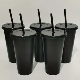 5pcs 24 oz Yeniden kullanılabilir plastik bardaklar Saman kapakları Dayanıklı Tumbler Buzlu Kahve, Su, Soğuk İçecekler - Yaz Partileri ve Cadılar Bayramı Doğum Günü İçin Mükemmel