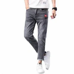 spring Autumn Trendy Men Small Flared Jeans Elastic Nine-point Pants Slim Waist Performance Outfit Men Cott Casual Pants R2HZ#