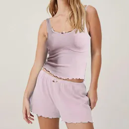 Home Clothing Sexy Women's 2Piece Summer Set Fashion Scoop Neck 3D Flower Spaghetti Strap Crop Tops With Elastic Waist Wave Hem Shorts